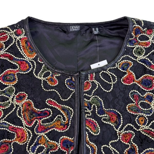 Dennis By Dennis Basso Womens Black Polyester Embroidered Jacket US Size 16