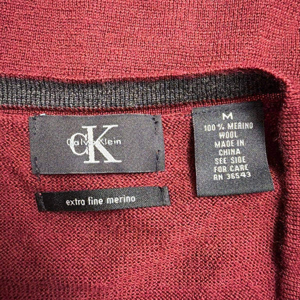 Calvin Klein Mens Red Merino Wool V-Neck Sweater Classic Fit Lightweight Size M