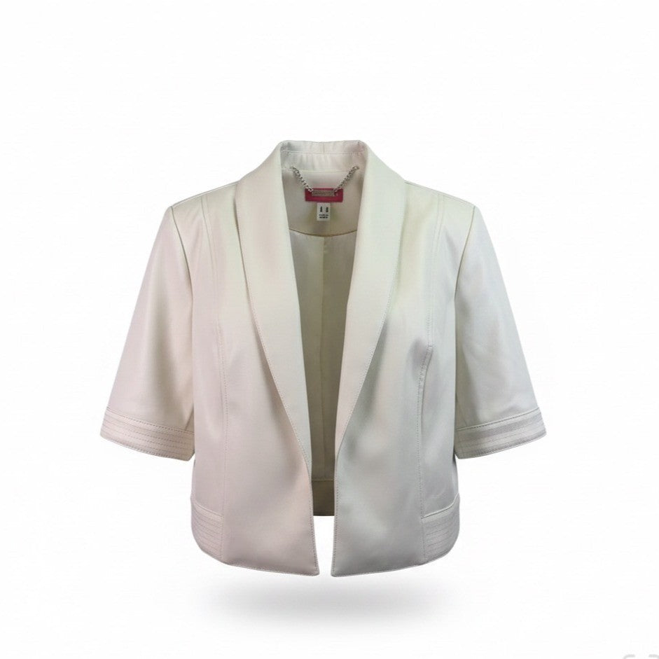 Isaac Mizrahi Live Womens Off-White Faux Leather Cropped Jacket US Size 16