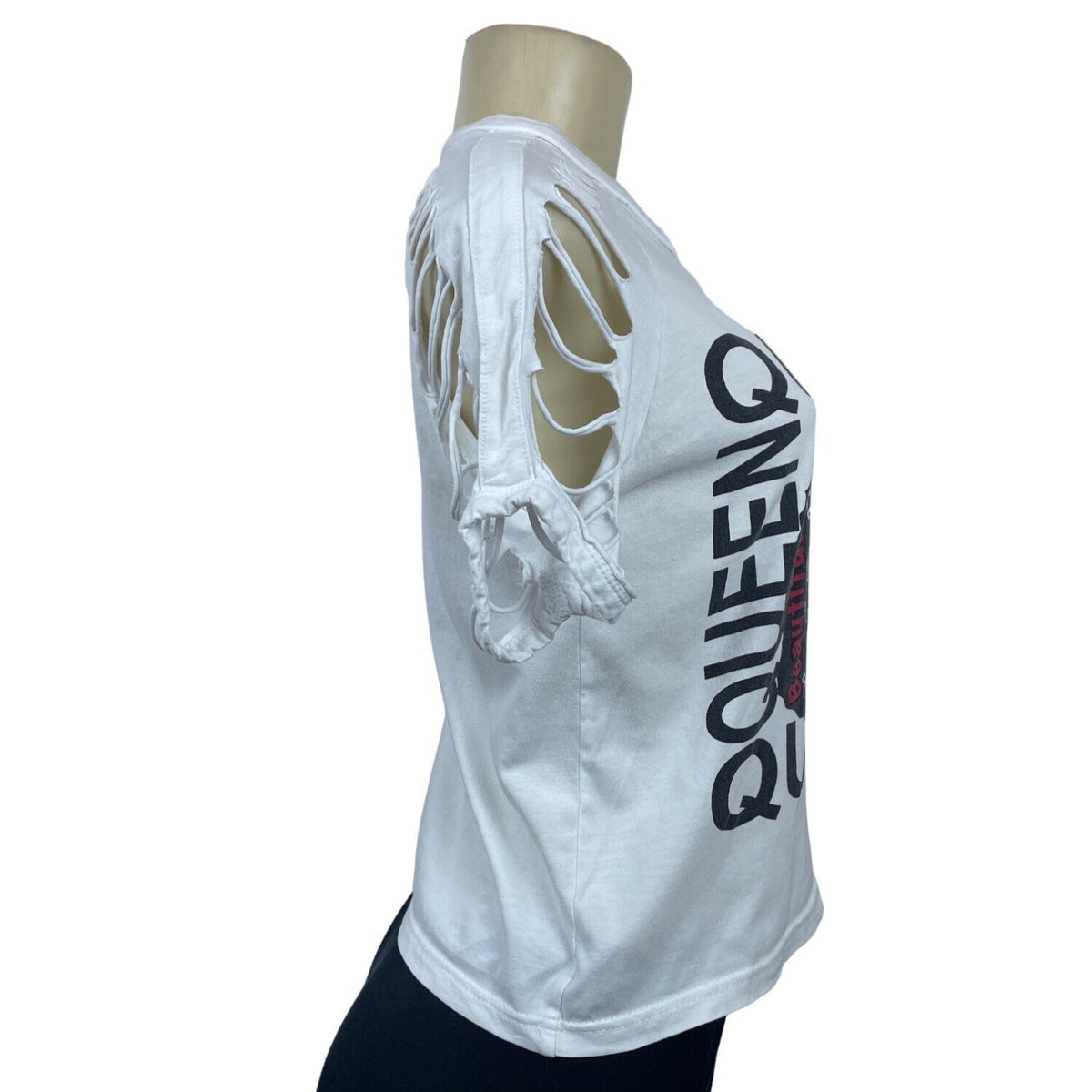 ON FIRE Women Multicolored QUEEN Graphic Cropped Open Sleeve T-Shirt  shirt Sz M