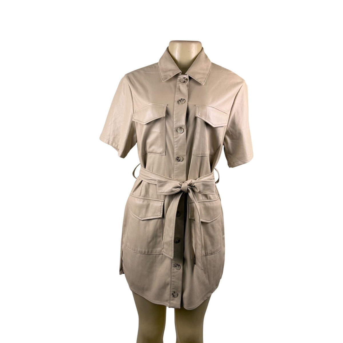 House Of Harlow 1960 Beige Faux Leather Short Sleeve Button-Down Mini Dress Sz S
