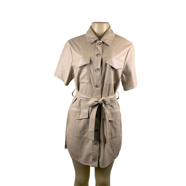 House Of Harlow 1960 Beige Faux Leather Short Sleeve Button-Down Mini Dress Sz S
