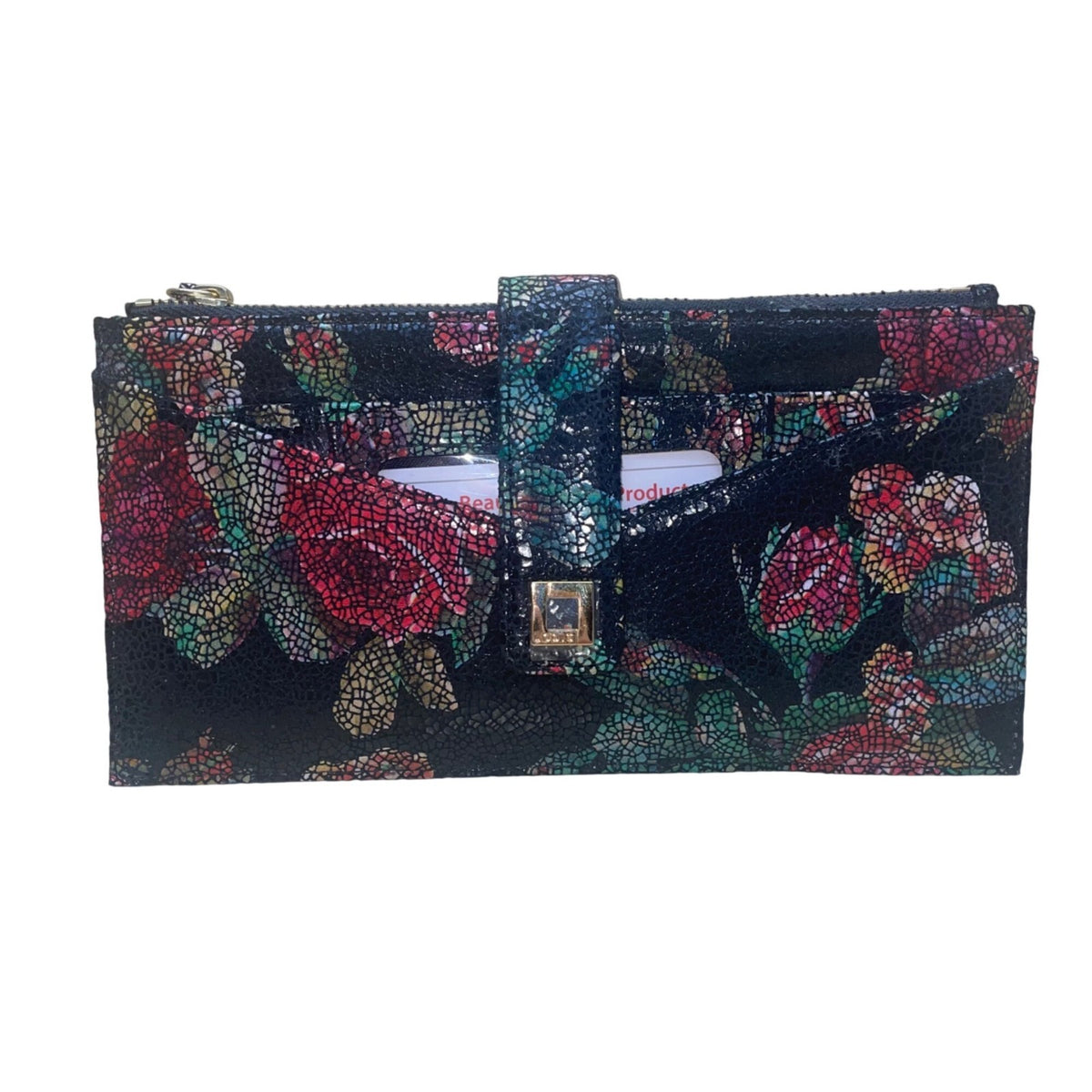 Lodis Women’s Black Multicolor Floral Print Leather RFID Snap Closure Wallet