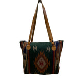 Handcrafted Women’s Green Woven Southwestern Boho With Leather Straps Tote Bag