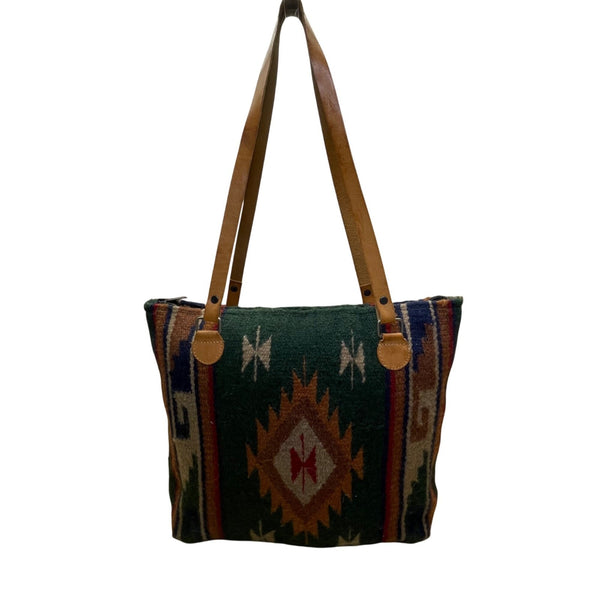 Handcrafted Women’s Green Woven Southwestern Boho With Leather Straps Tote Bag