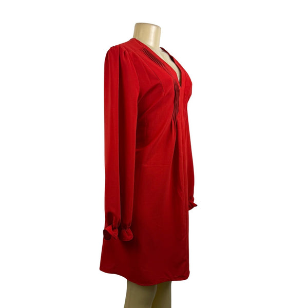 Dokotoo Womens Red Polyester Long-Sleeve V-Neck Pleated Tunic Dress Flowy Sz XL