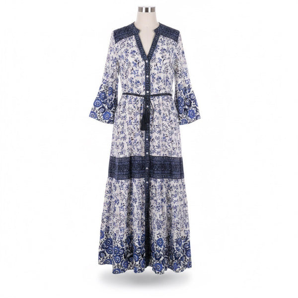 R. Vivimos Womens Blue & White Floral Maxi Dress Cotton Button Down Size XL
