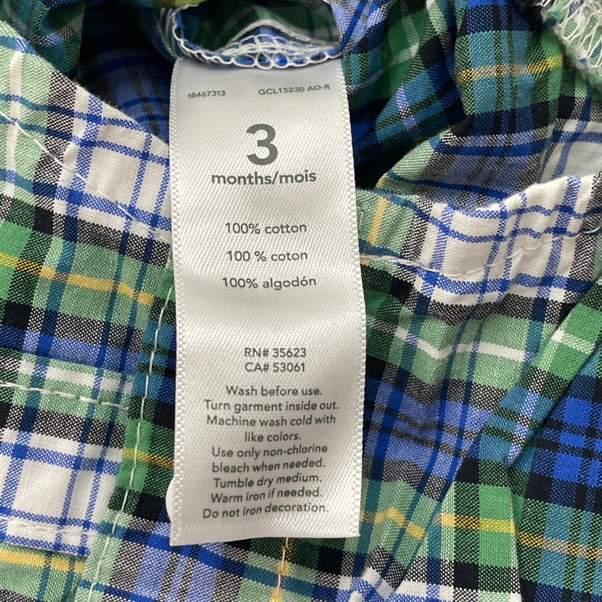 Carters Baby Boys Green & Blue Plaid Button-Up Bodysuit Size 3M - New