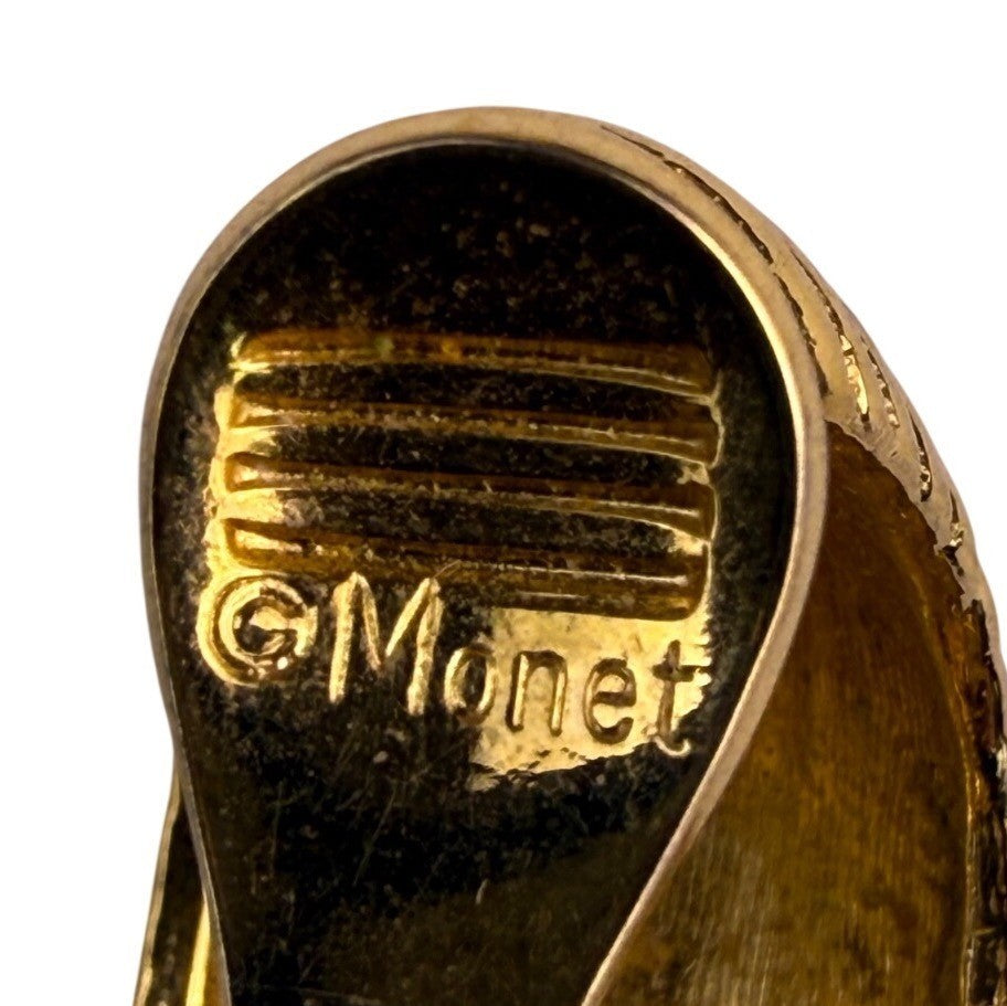 Monet Womens Gold Tone Ribbed Clip-On Hoop Earrings Vintage Crescent Style