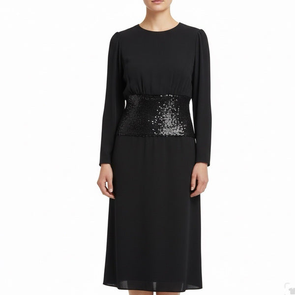 Vintage Mignon Womens Black Sequin Cinched Waist Long Sleeve Dress M