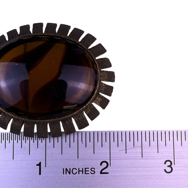 Vintage Womens Brown & Gold Tone Oval Brooch Pin Textured Metal Design