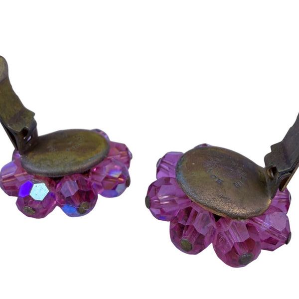 Vendome Womens Pink Crystal Rhinestone Clip-On Floral Earrings Gold Tone Vintage