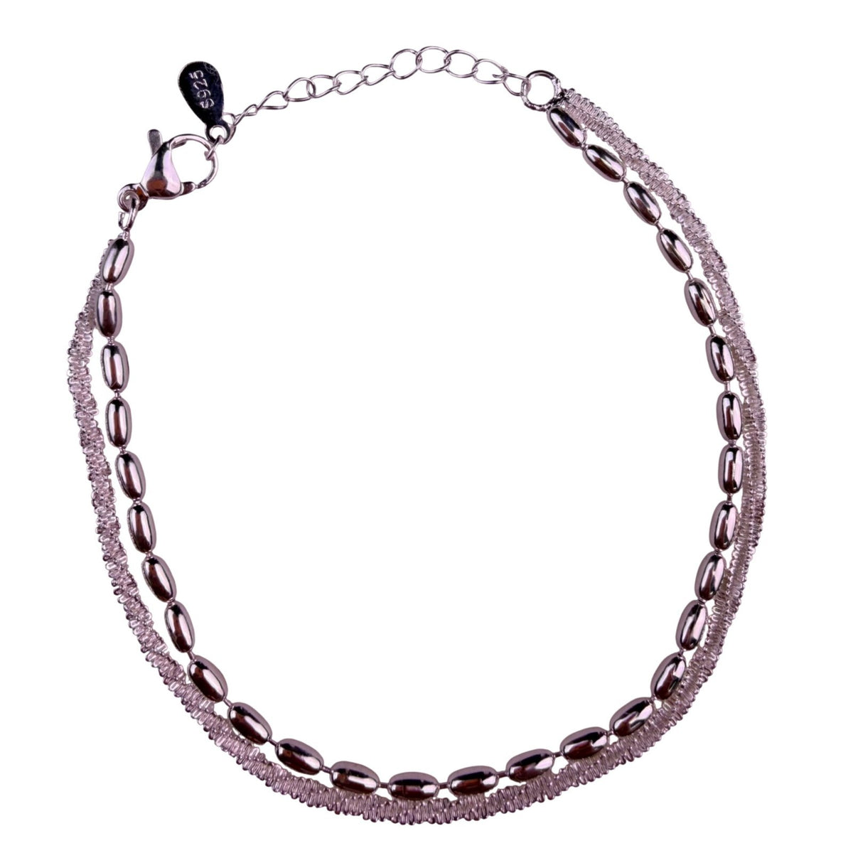 Sterling Silver Womens 2-Strand Adjustable Bracelet Delicate Chain & Beads