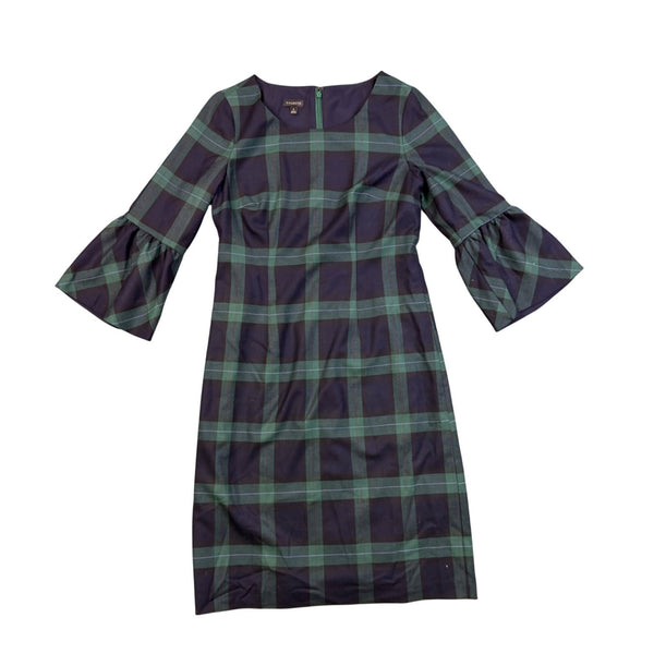 Talbots Womens Navy Green Plaid Wool Polyester Blend Bell Sleeve Dress Size 4