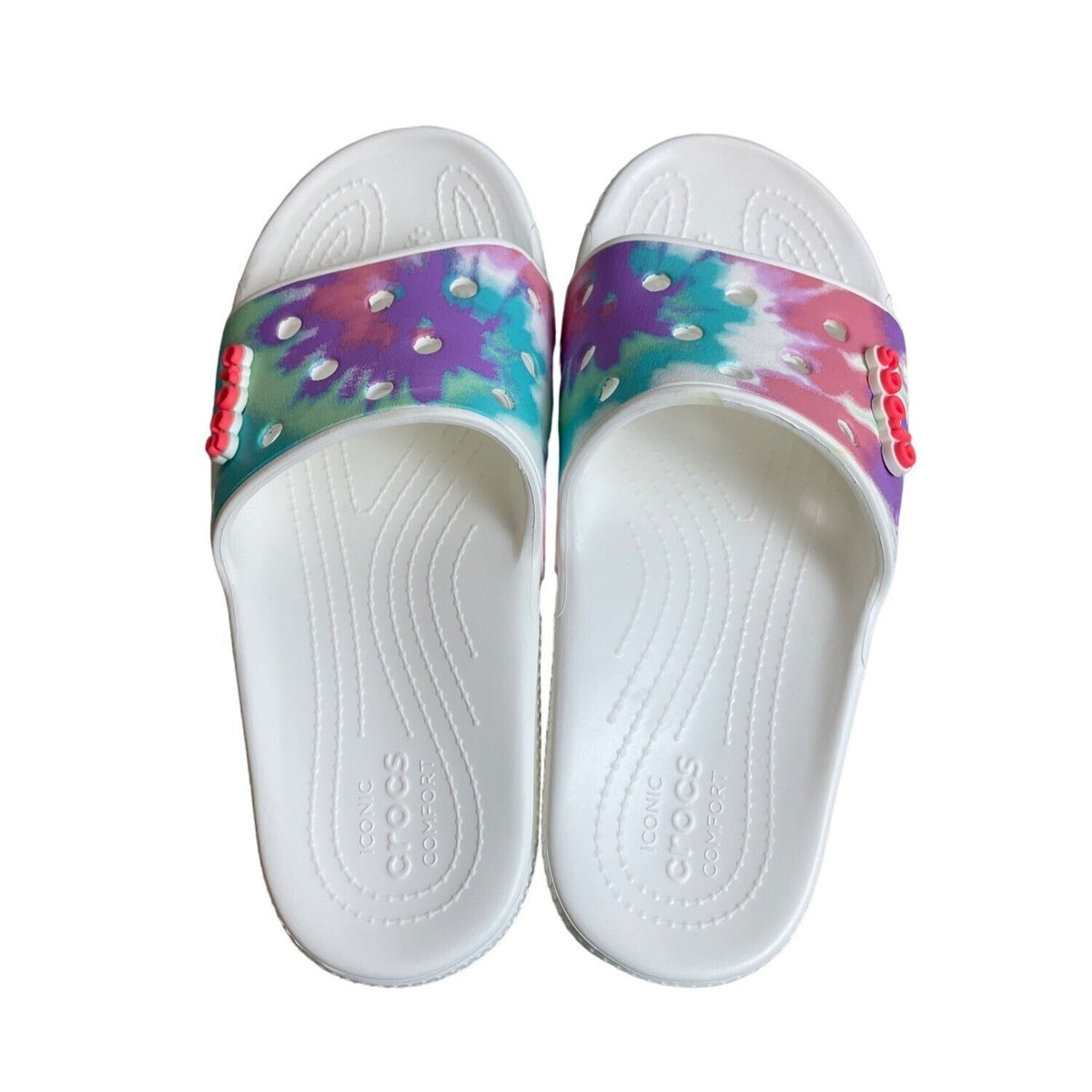 Crocs White Rainbow Tie-Dye Slippers Sandals Sz (Women 10 /Men 8) - NWOB
