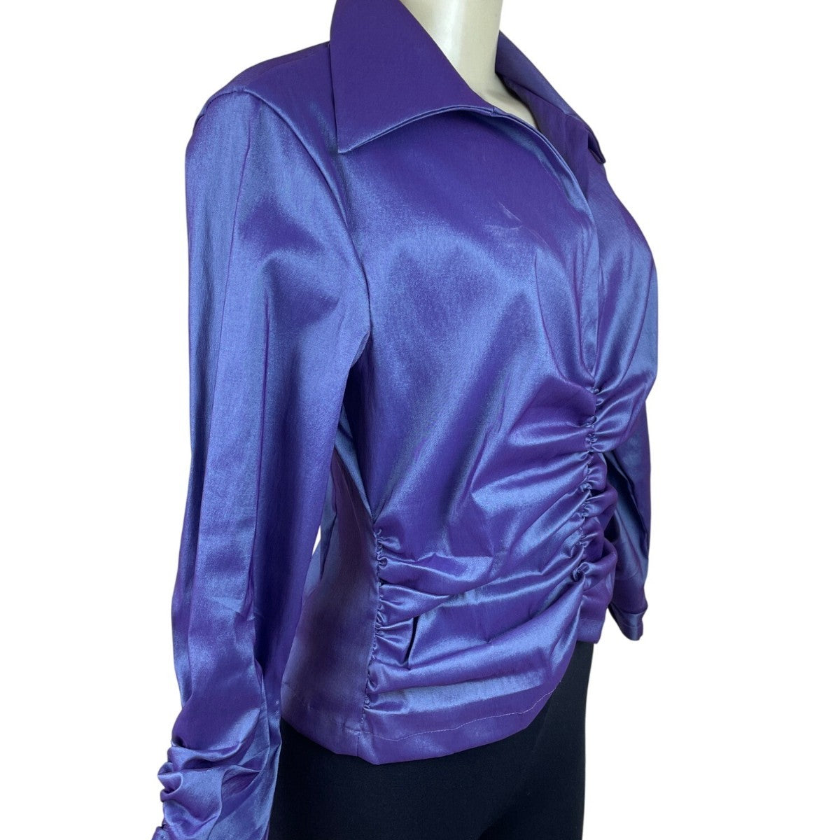 Tadashi Womens Purple Ruched Satin Long-Sleeve Blouse Top Zip Back Sz 10