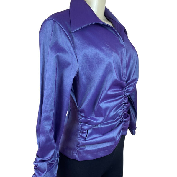 Tadashi Womens Purple Ruched Satin Long-Sleeve Blouse Top Zip Back Sz 10