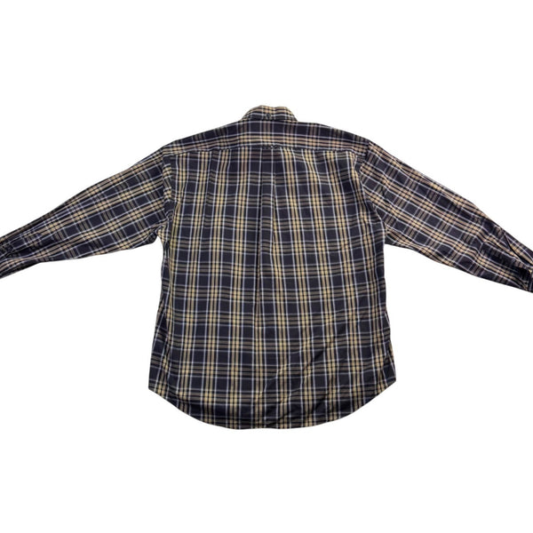 Faconnable Mens Navy & Beige Plaid Button-Up Shirt Casual Fit Size XL