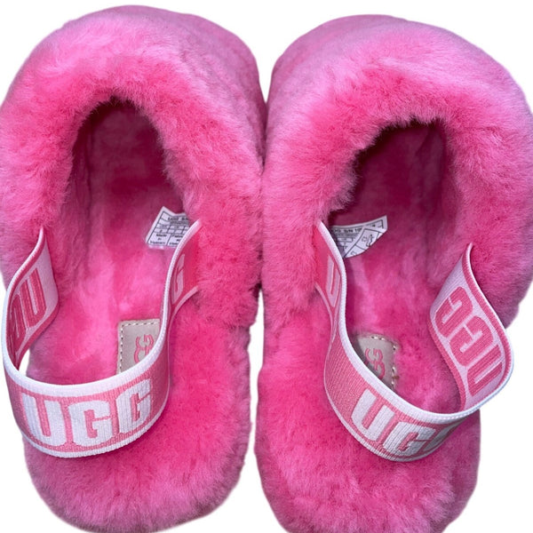 UGG Women’s Pink Fluffy Lamb Fur Strap Open-Toe Yeah Slide Sandals Size 9