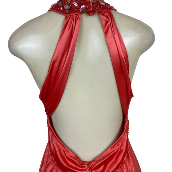My Michelle Womens Red Satin Halter Evening Gown With Beaded Detailing Size XL