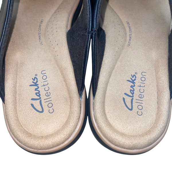 Clarks Collection Women’s Black Criss-Cross Comfort Wedge Slide Sandals Size 7.5