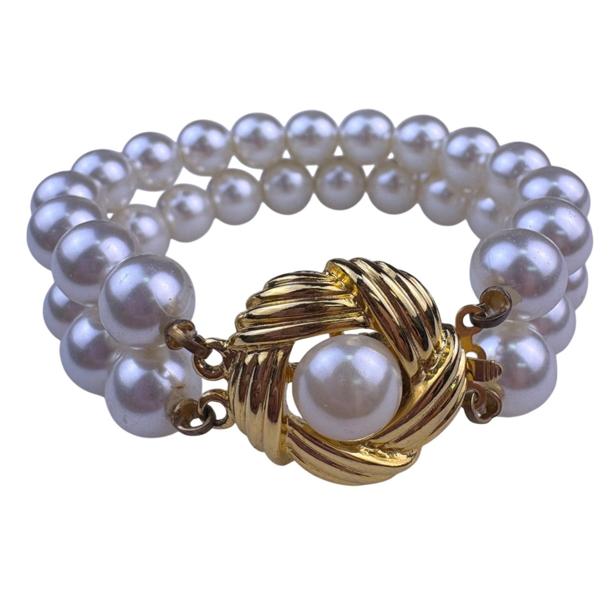 Vintage Womens Gold Tone Faux Pearl 2-Strand Bracelet Elegant Design