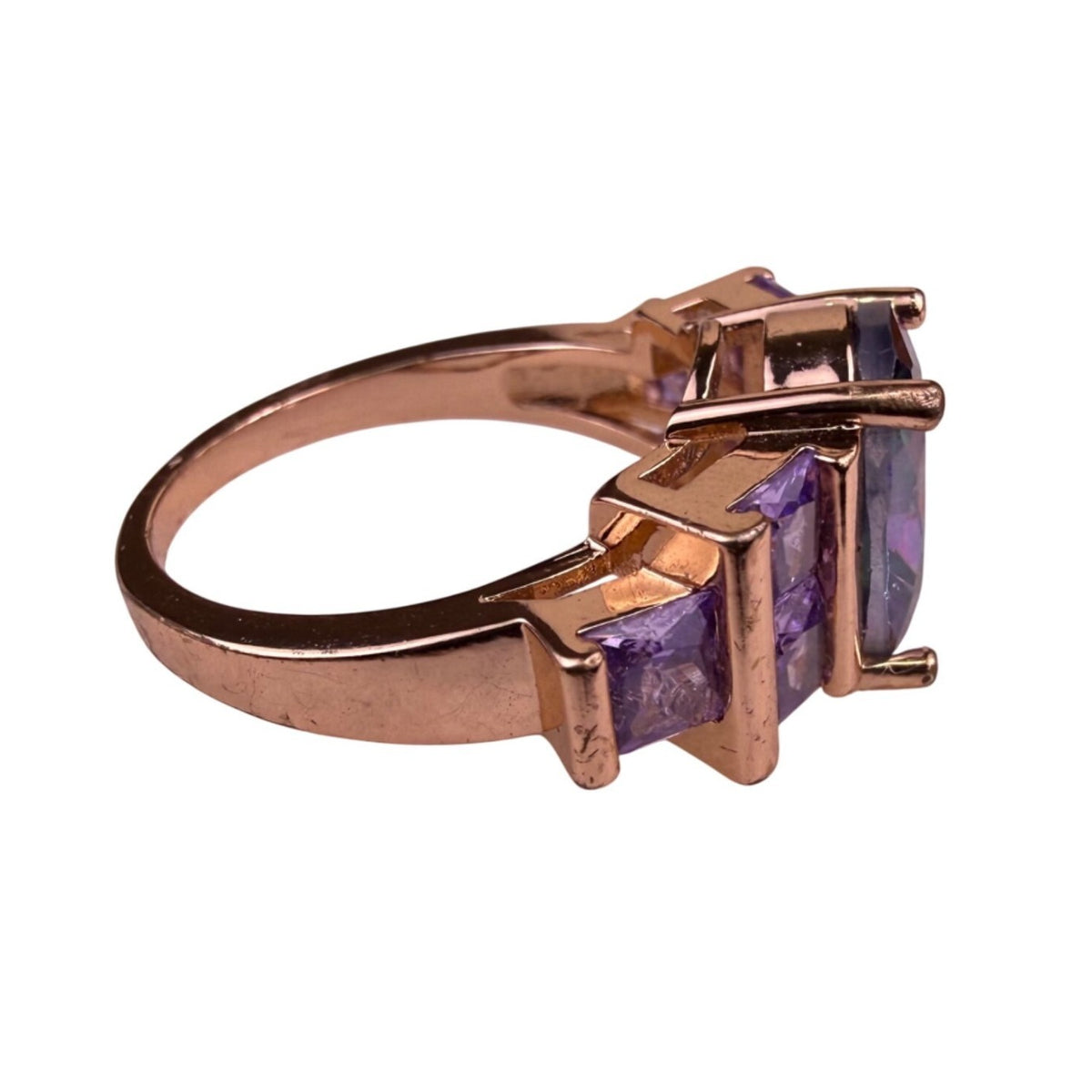 Modern Womens Rose Gold Tone Ring Rainbow Cubic Zirconia Purple Gemstones