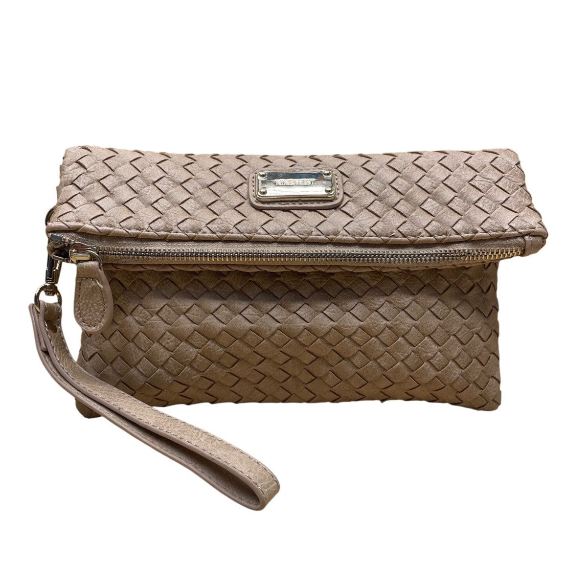 Nine West Women’s Brown Woven Faux Leather Zip Closure Foldover Clutch Bag