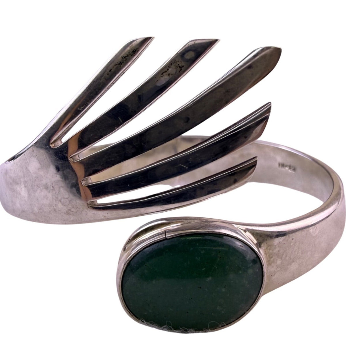 Sterling Silver Tone Womens Bracelet With Green Prehnite Cabochon Stone Cuff Des