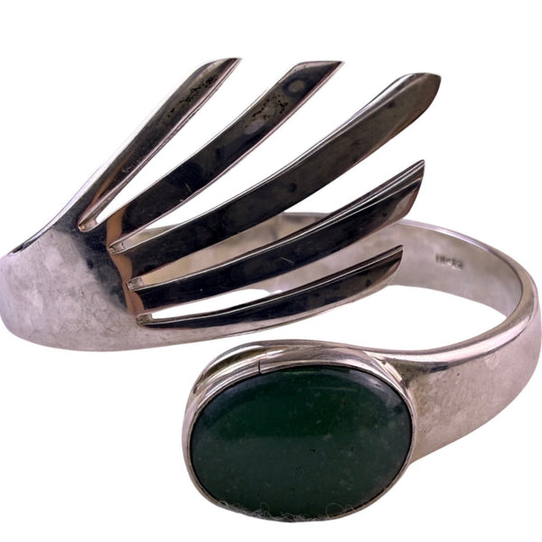 Sterling Silver Tone Womens Bracelet With Green Prehnite Cabochon Stone Cuff Des