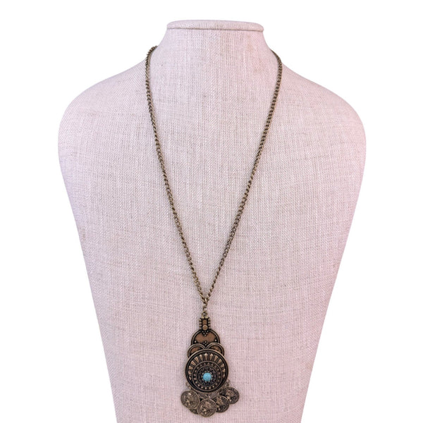 Boho Womens Gold Tone Alloy Coin Pendant Necklace With Turquoise Accent