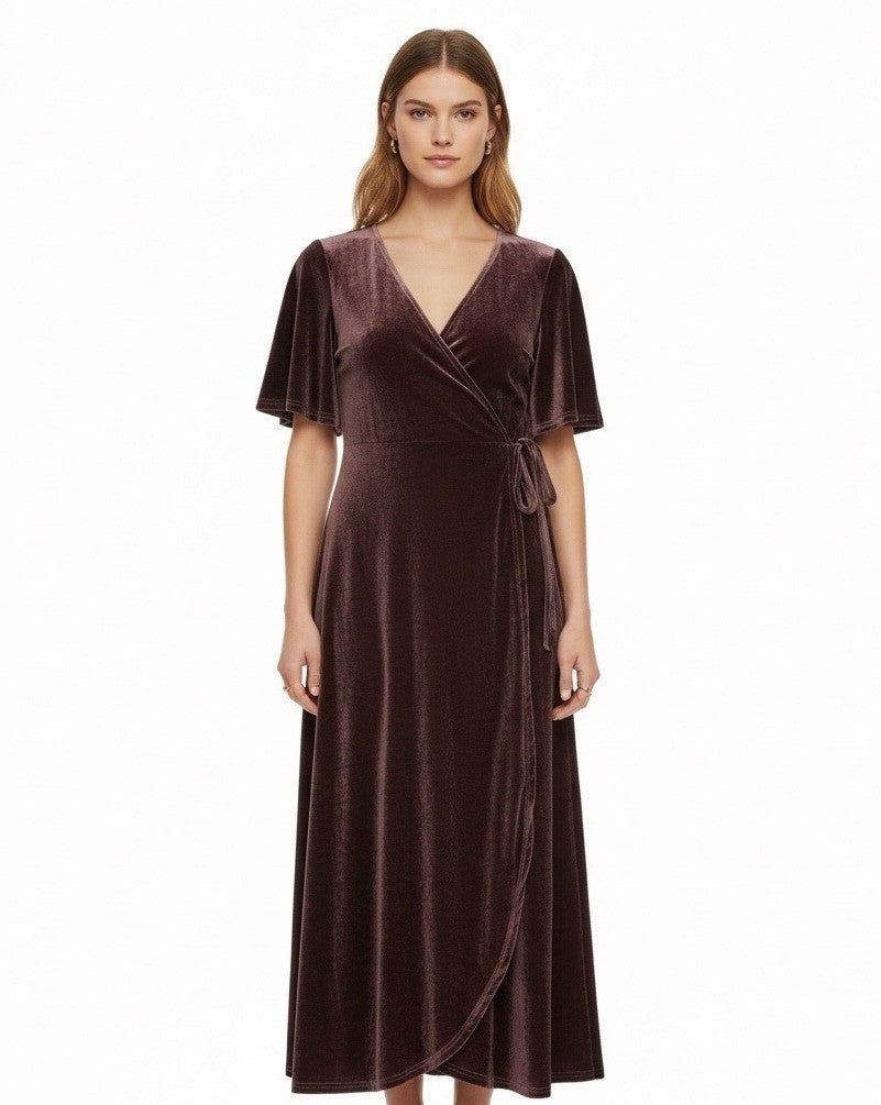 Baltic Born Womens Brown Velvet Wrap Maxi Dress Elegant Soft Fabric Size L