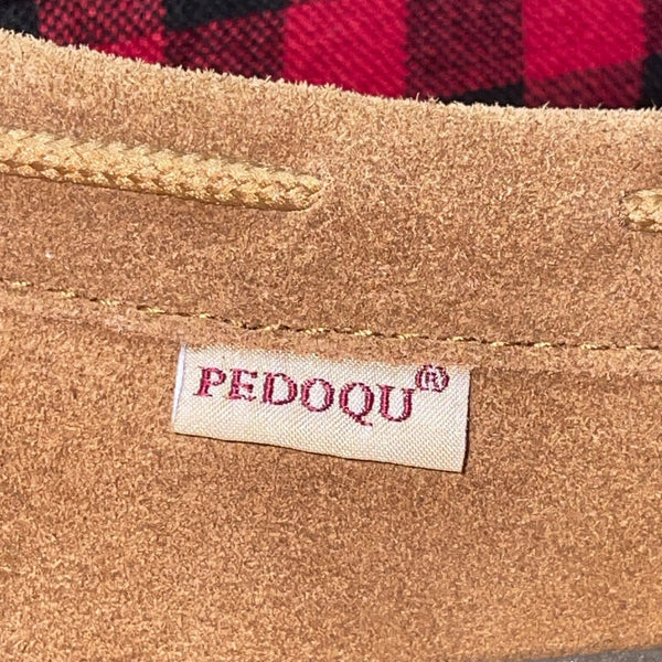 Pedoqu Men’s Brown Suede Red Plaid Flannel Lining Moccasin Slippers Size 9US