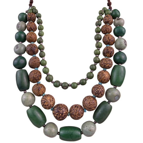 Vintage Multi-Strand Brown Green Beaded Necklace Women’s Wood Celluloid