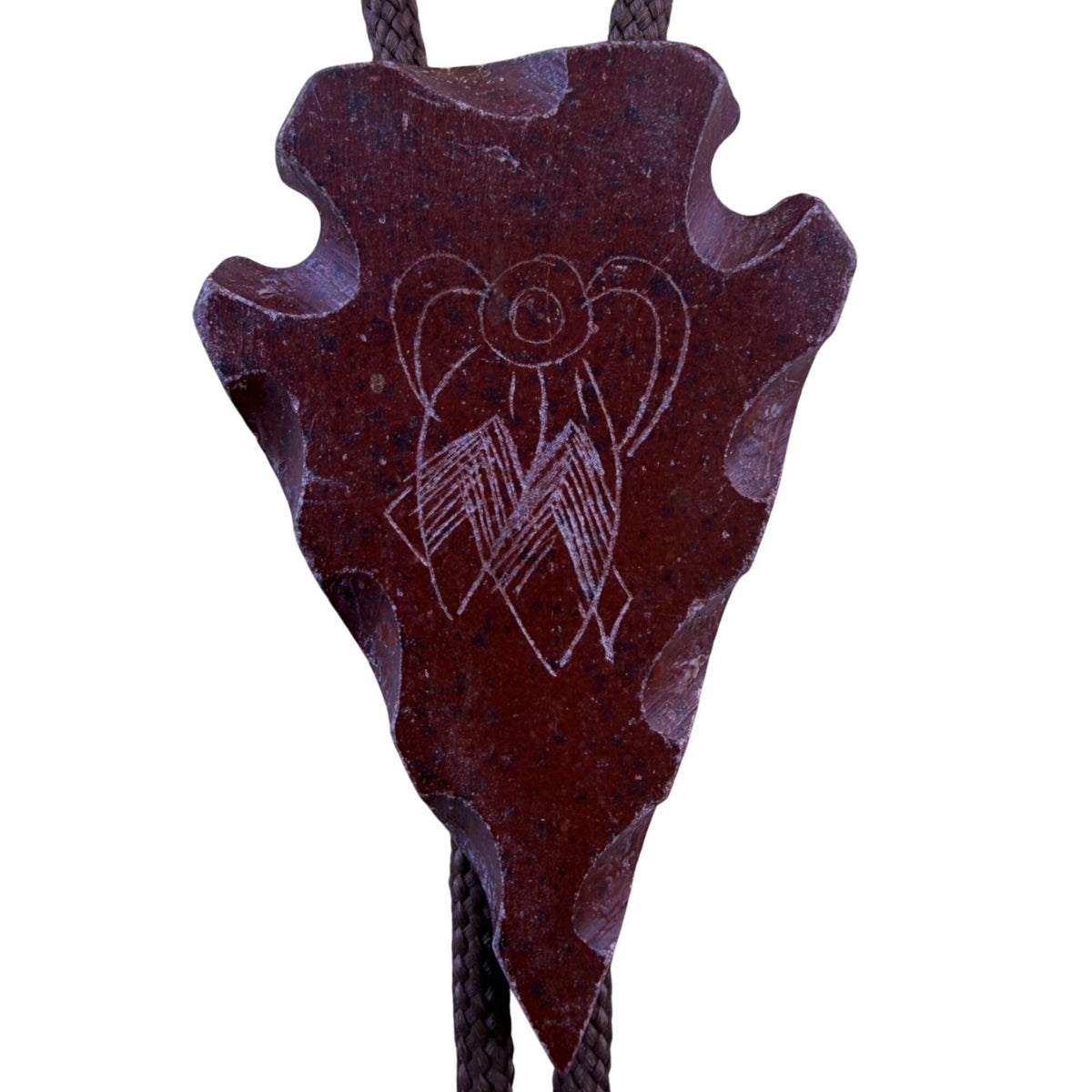 Stone Arrowhead Brown Braided Bolo Tie With Etched Design Metal Accents