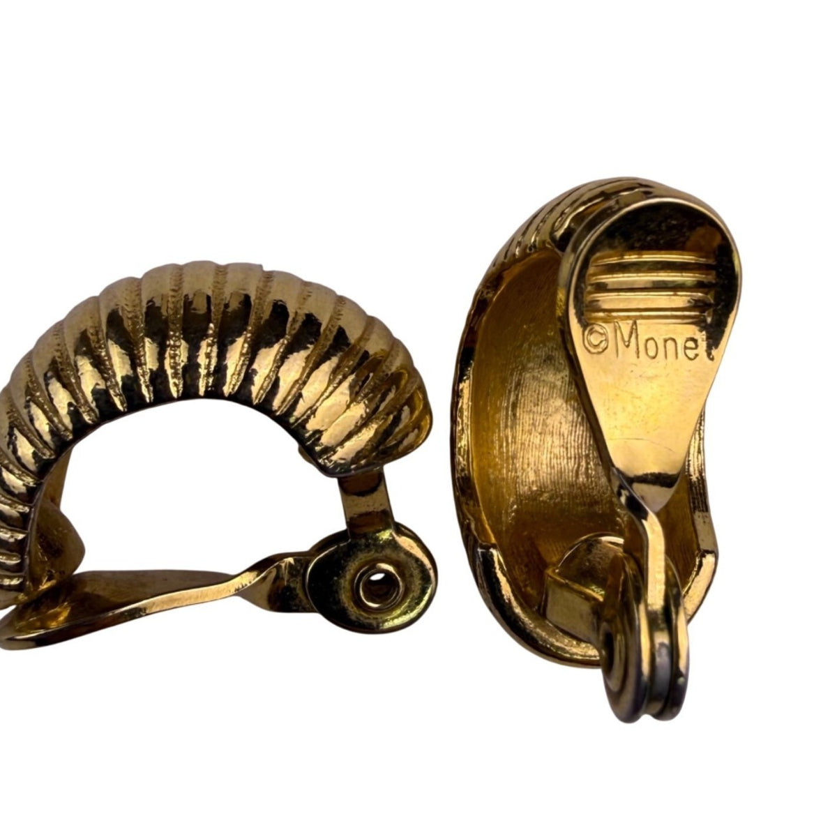 Monet Womens Gold Tone Ribbed Clip-On Hoop Earrings Vintage Crescent Style