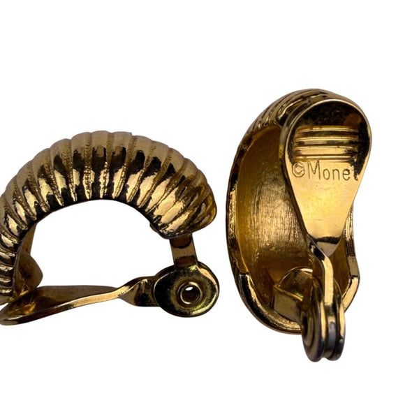 Monet Womens Gold Tone Ribbed Clip-On Hoop Earrings Vintage Crescent Style