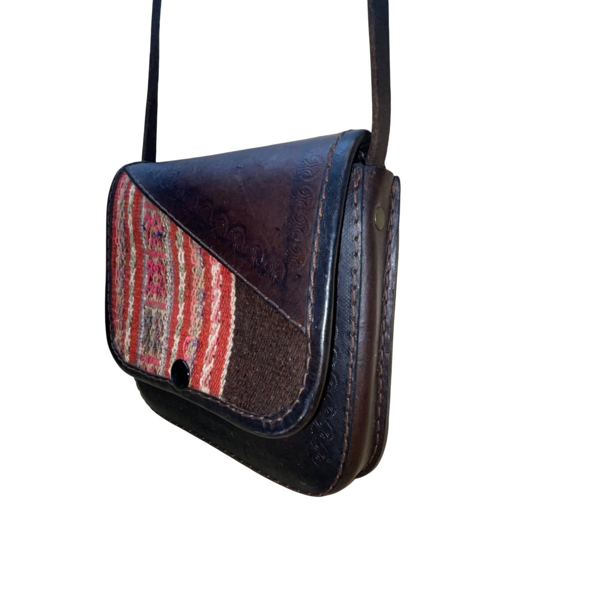 Vintage Handmade Women’s Brown Leather & Woven Striped Pattern Crossbody Bag