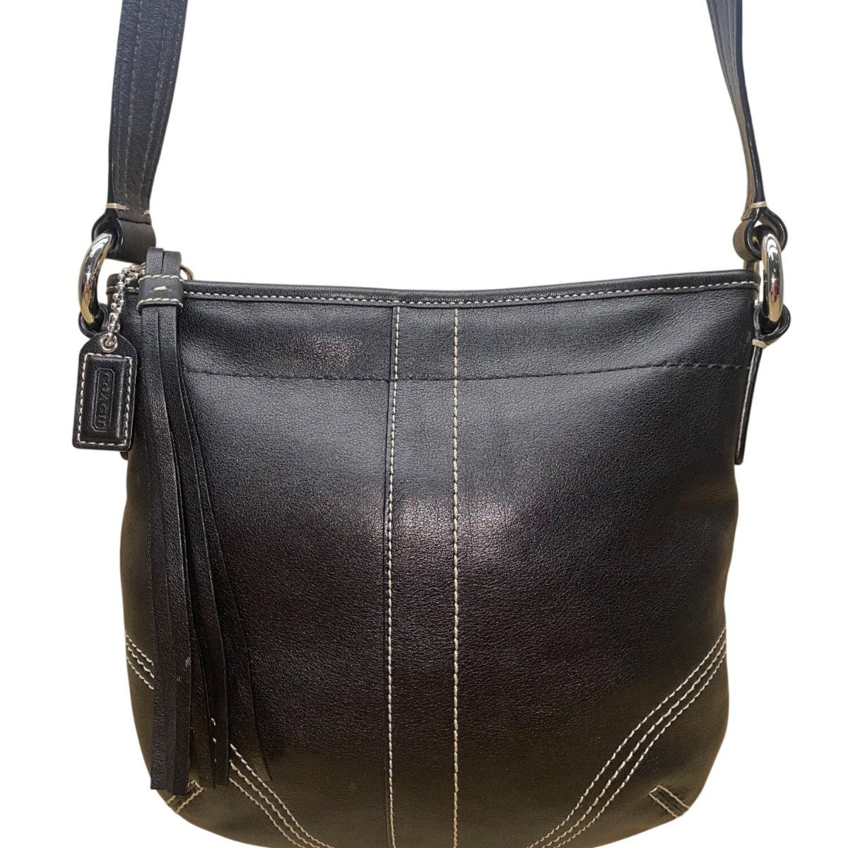 Coach Women’s Black Leather With Tassel Accent & Stitch Detailing Crossbody Bag