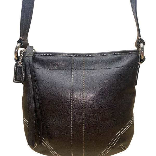 Coach Women’s Black Leather With Tassel Accent & Stitch Detailing Crossbody Bag