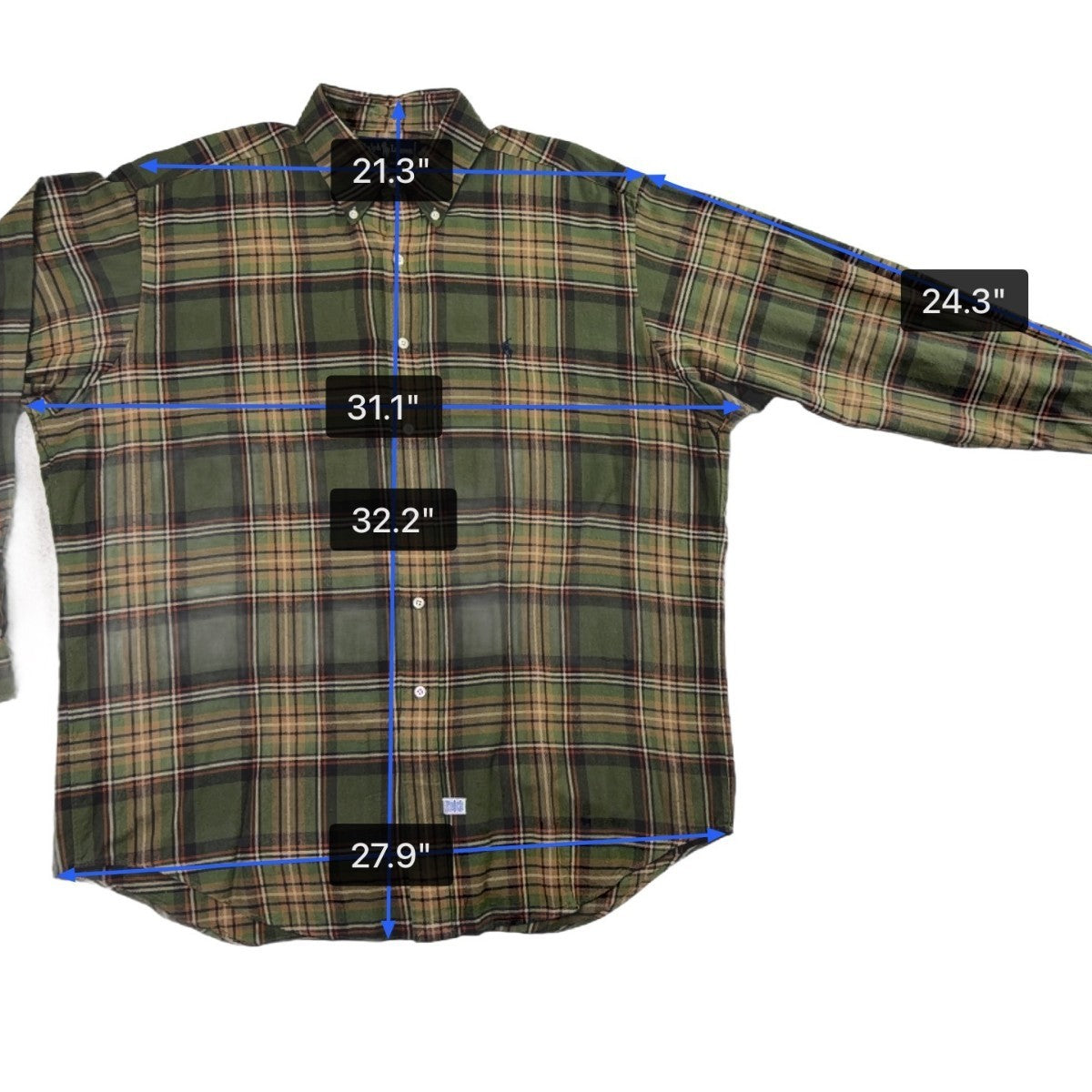 Ralph Lauren Mens Green Plaid Button-Down Shirt Long Sleeve Classic Fit Sz L