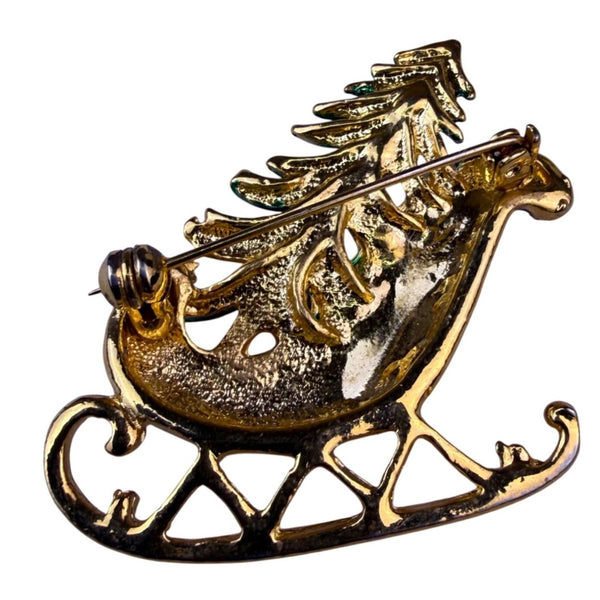 Vintage Brooch Gold Tone Multi-Color Enamel Metal Christmas Sleigh With Tree