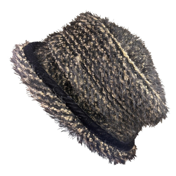 Heaslip Womens Black Beige Acrylic Nylon Textured Cloche Bucket Hat Retro Style