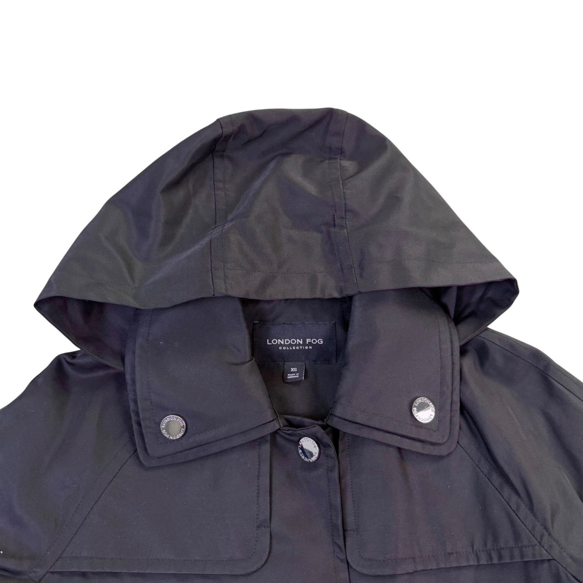 London Fog Womens Black Cotton Polyester Hooded Trench Coat Size XS