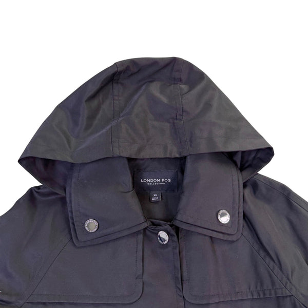 London Fog Womens Black Cotton Polyester Hooded Trench Coat Size XS