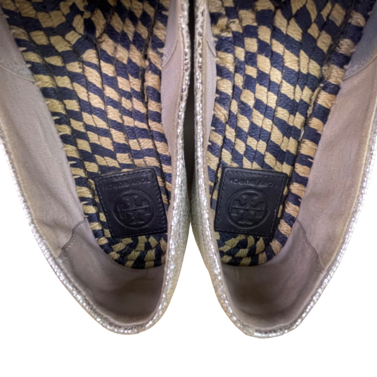 Tory Burch Women’s Silver & Blue Leather Metallic Slip-On Espadrille Shoes Sz 7M