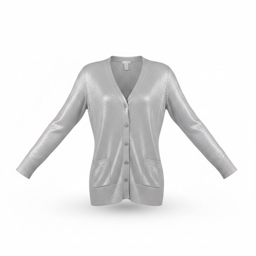Chicos Womens Silver Metallic Button-Front Cardigan Sweater Size 2