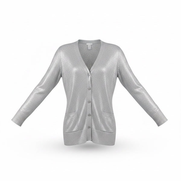 Chicos Womens Silver Metallic Button-Front Cardigan Sweater Size 2