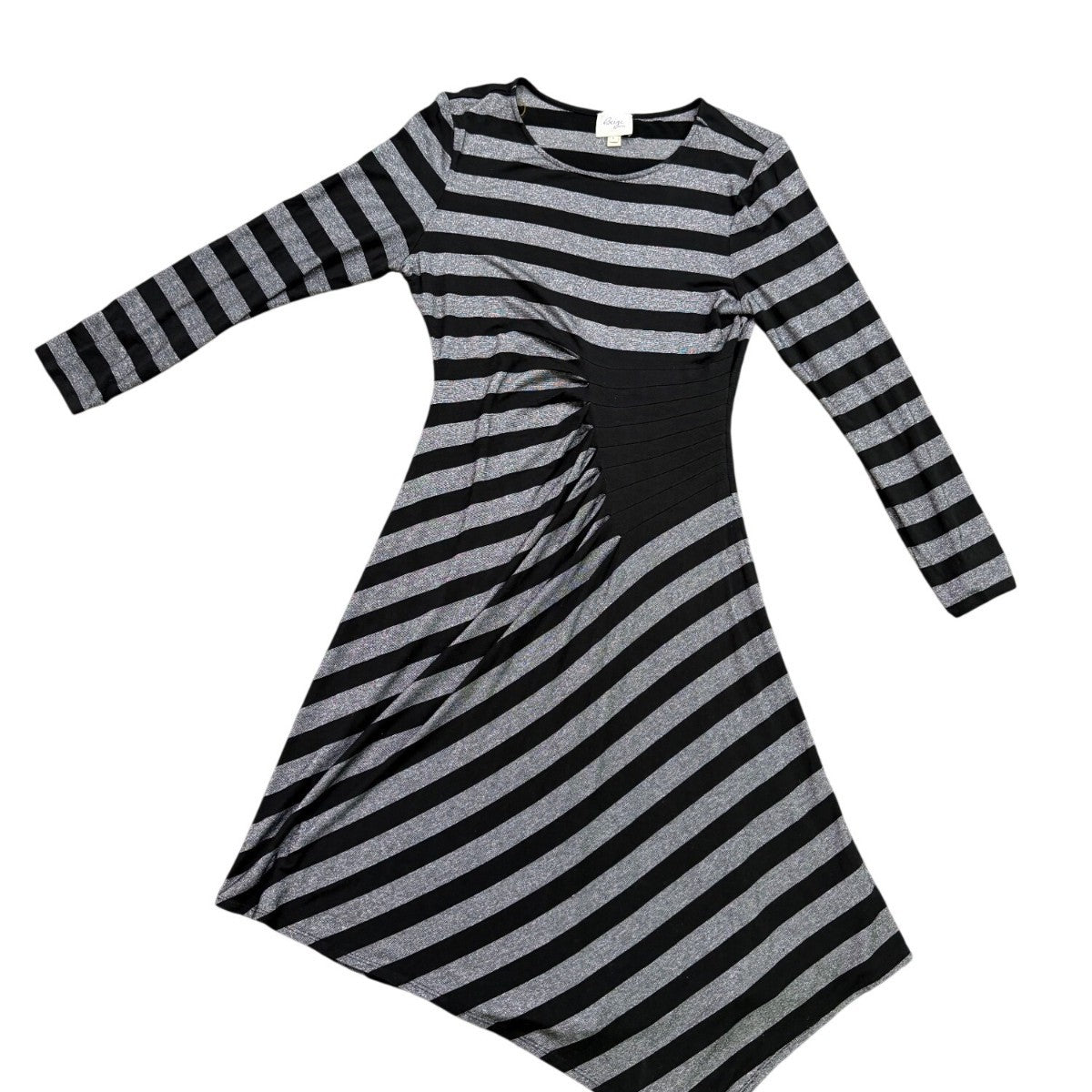 Beige By Eci Womens Black & Silver Striped Long Sleeve Asymmetric Dress Sz L