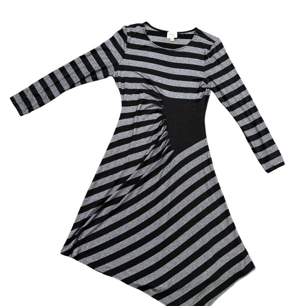 Beige By Eci Womens Black & Silver Striped Long Sleeve Asymmetric Dress Sz L